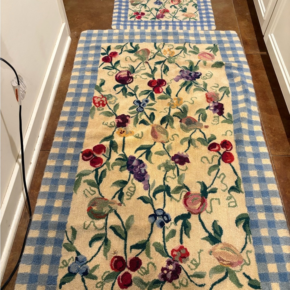 2 Hand Hooked Vintage Wool Rugs Vines & Fruit w/ Blue & White Checked Borders.